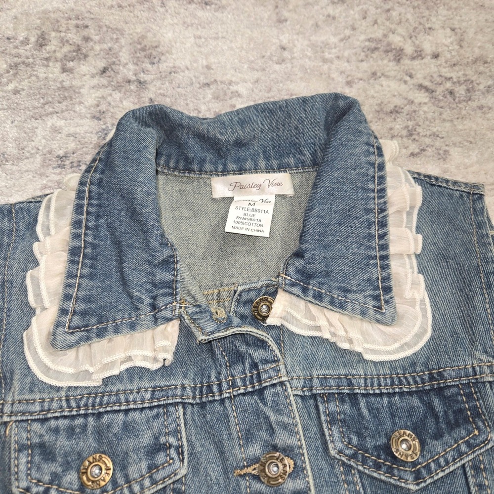 Paisley Vine Denim Vest Lace Trim Coquette Button Front Boho Womens M Western - Picture 6 of 12